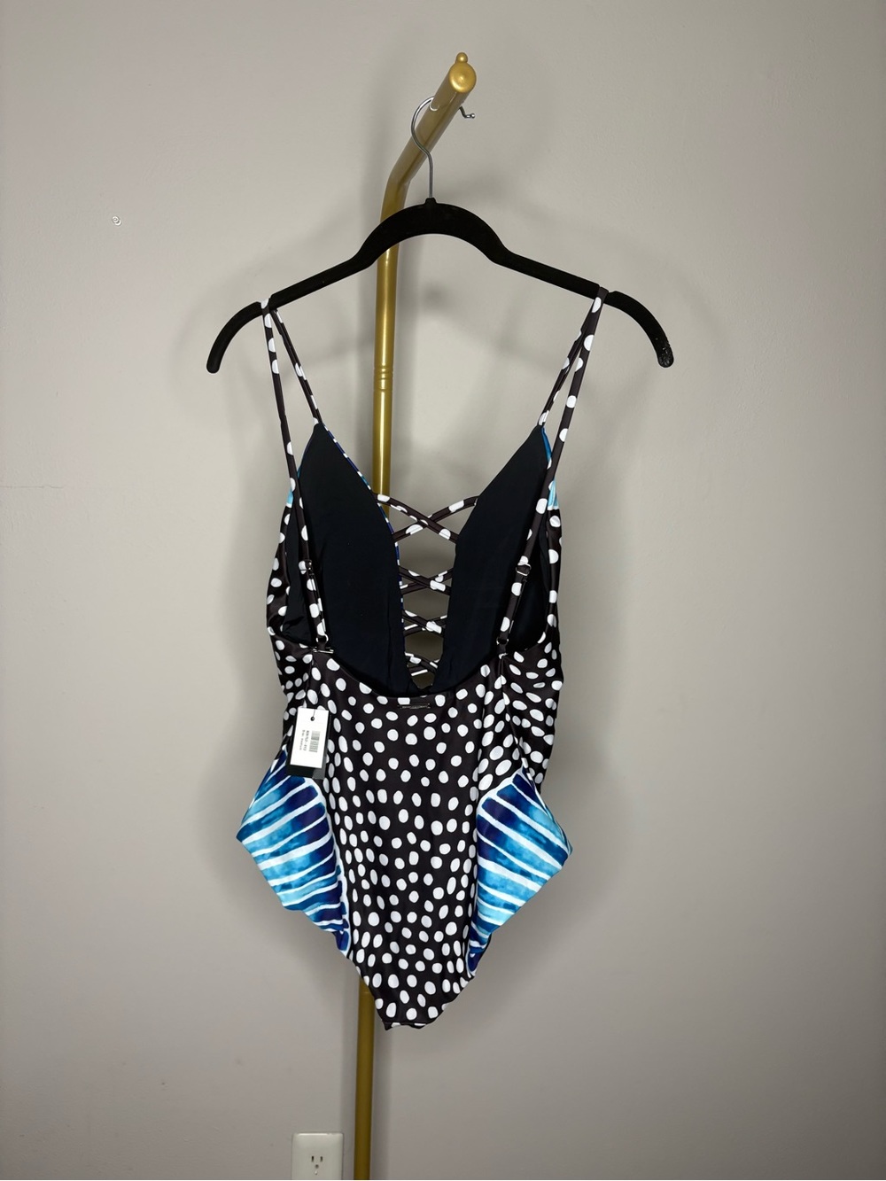 Mara Hoffman Black & Blue Polka Dot One-Piece Swimsuit with Lattice V - Picture 2 of 2